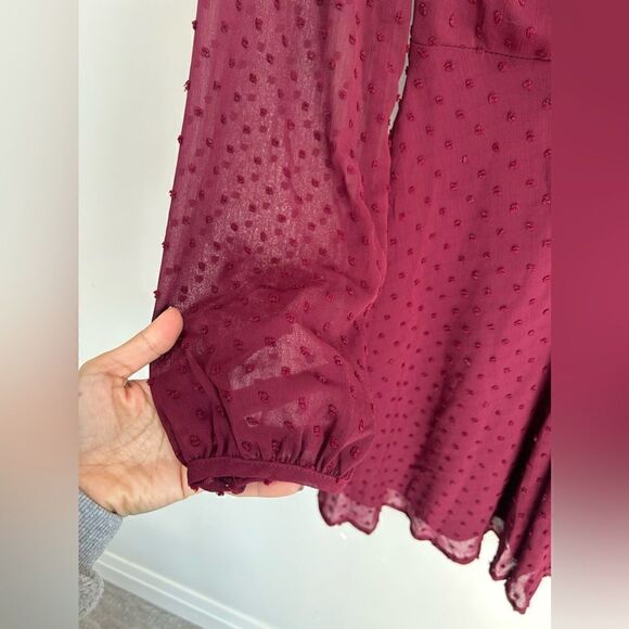 Lulus Wine and Dine Burgundy Swiss Dot Long Sleeve Skater Dress - Picture 10 of 14